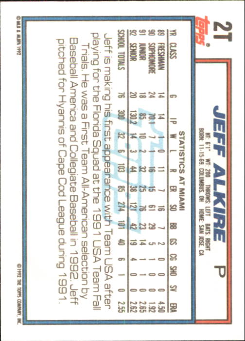 1992 Topps Traded #2T Jeff Alkire USA RC back image