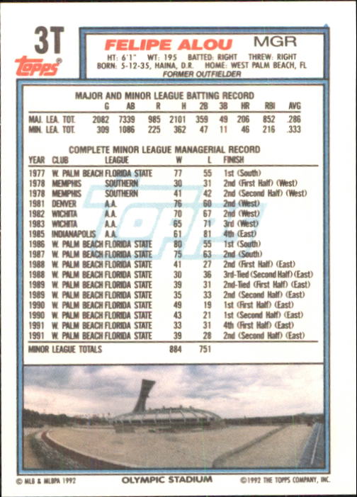 1992 Topps Traded #3T Felipe Alou MG back image