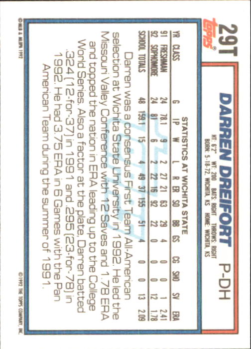 1992 Topps Traded #29T Darren Dreifort USA back image