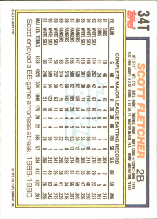 1992 Topps Traded #34T Scott Fletcher back image