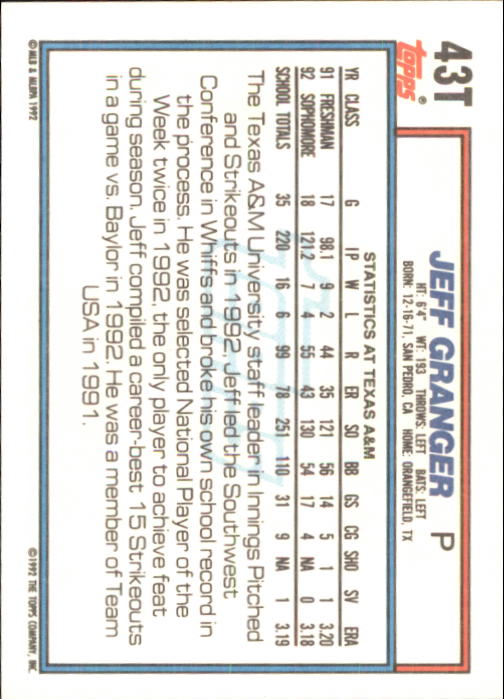 1992 Topps Traded #43T Jeff Granger USA back image