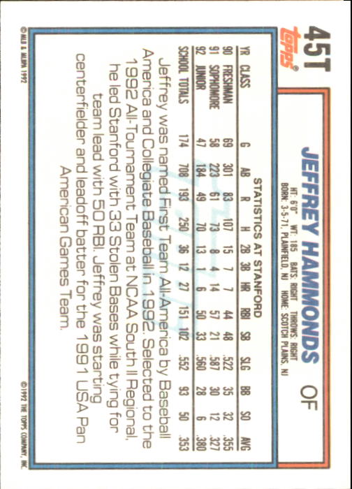 1992 Topps Traded #45T Jeffrey Hammonds USA back image