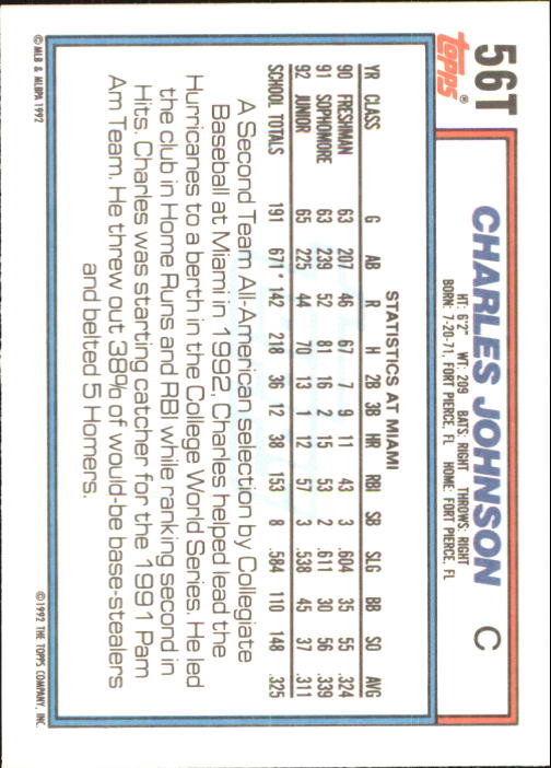 1992 Topps Traded #56T Charles Johnson USA back image