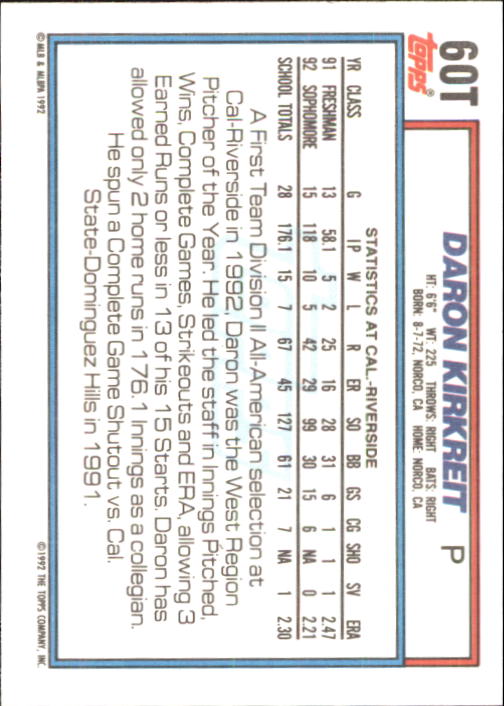 1992 Topps Traded #60T Daron Kirkreit USA RC back image