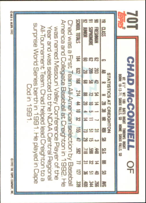 1992 Topps Traded #70T Chad McConnell USA RC back image