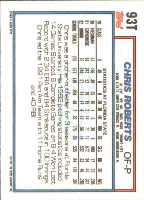 1992 Topps Traded #93T Chris Roberts USA back image