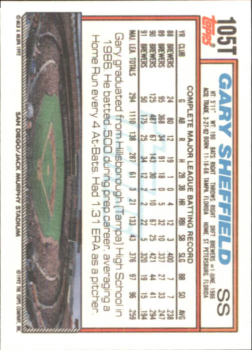 1992 Topps Traded #105T Gary Sheffield back image
