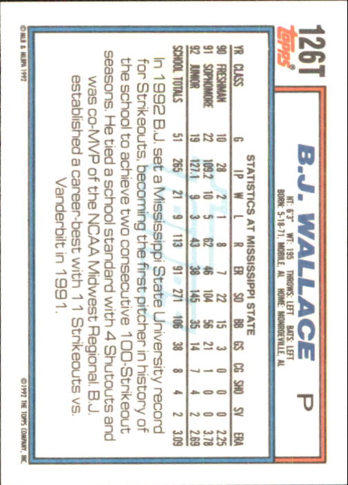 1992 Topps Traded #126T B.J.Wallace USA RC back image