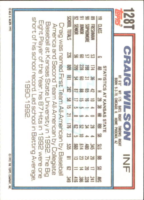 1992 Topps Traded #128T Craig Wilson USA back image
