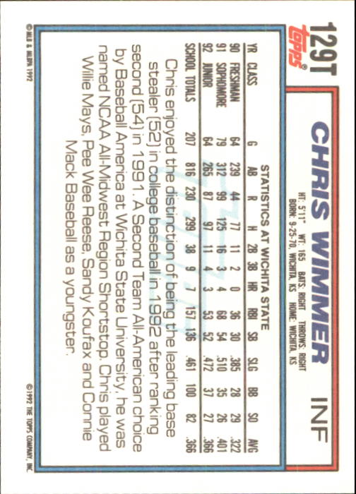 1992 Topps Traded #129T Chris Wimmer USA back image