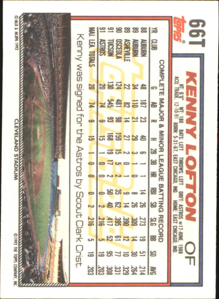 1992 Topps Traded Gold #66T Kenny Lofton back image