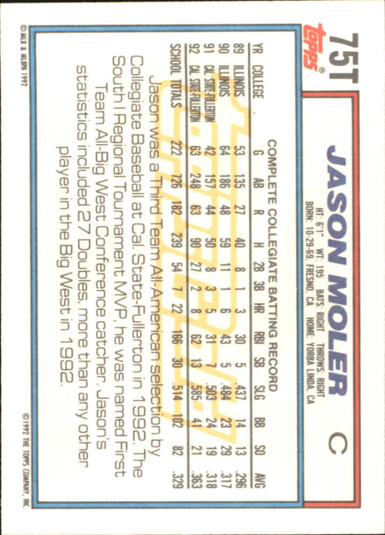 1992 Topps Traded Gold #75T Jason Moler USA back image