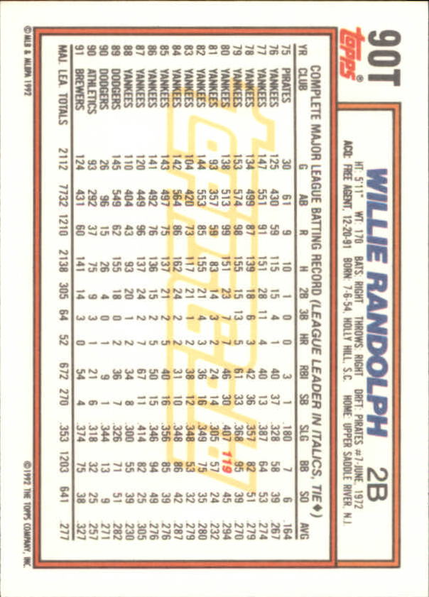 1992 Topps Traded Gold #90T Willie Randolph back image