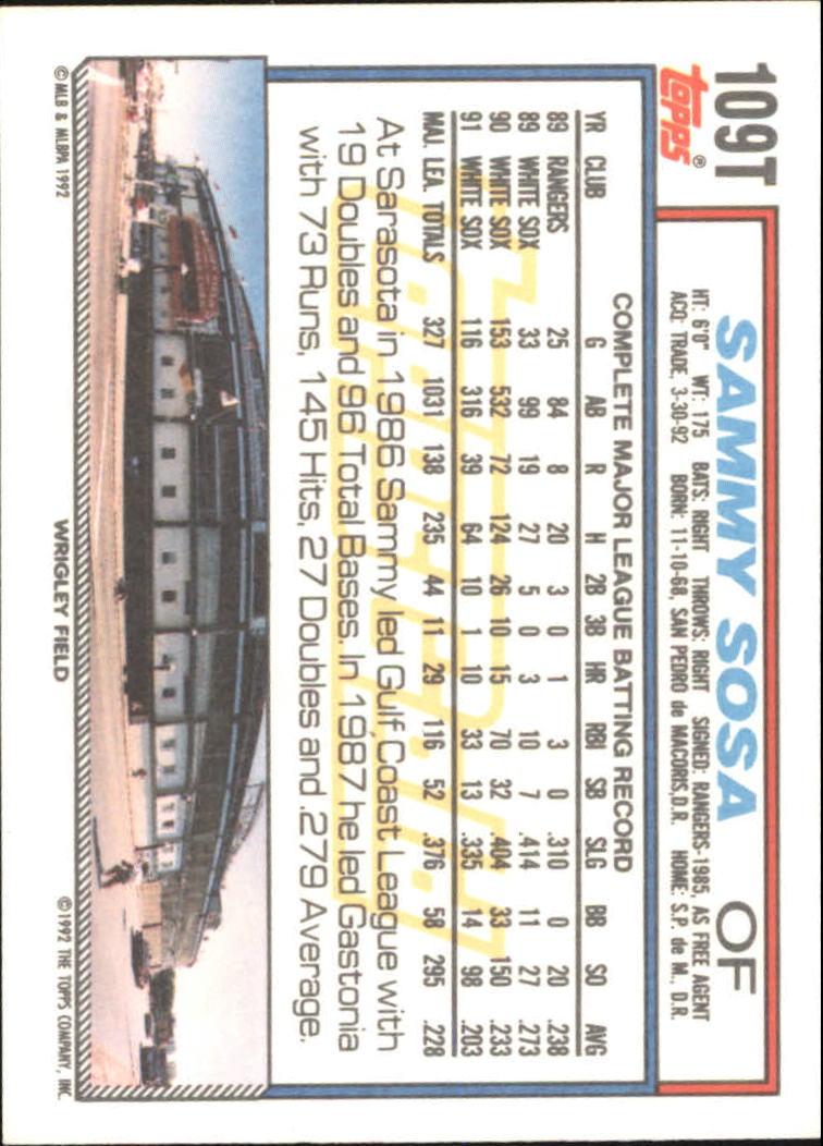 1992 Topps Traded Gold #109T Sammy Sosa back image