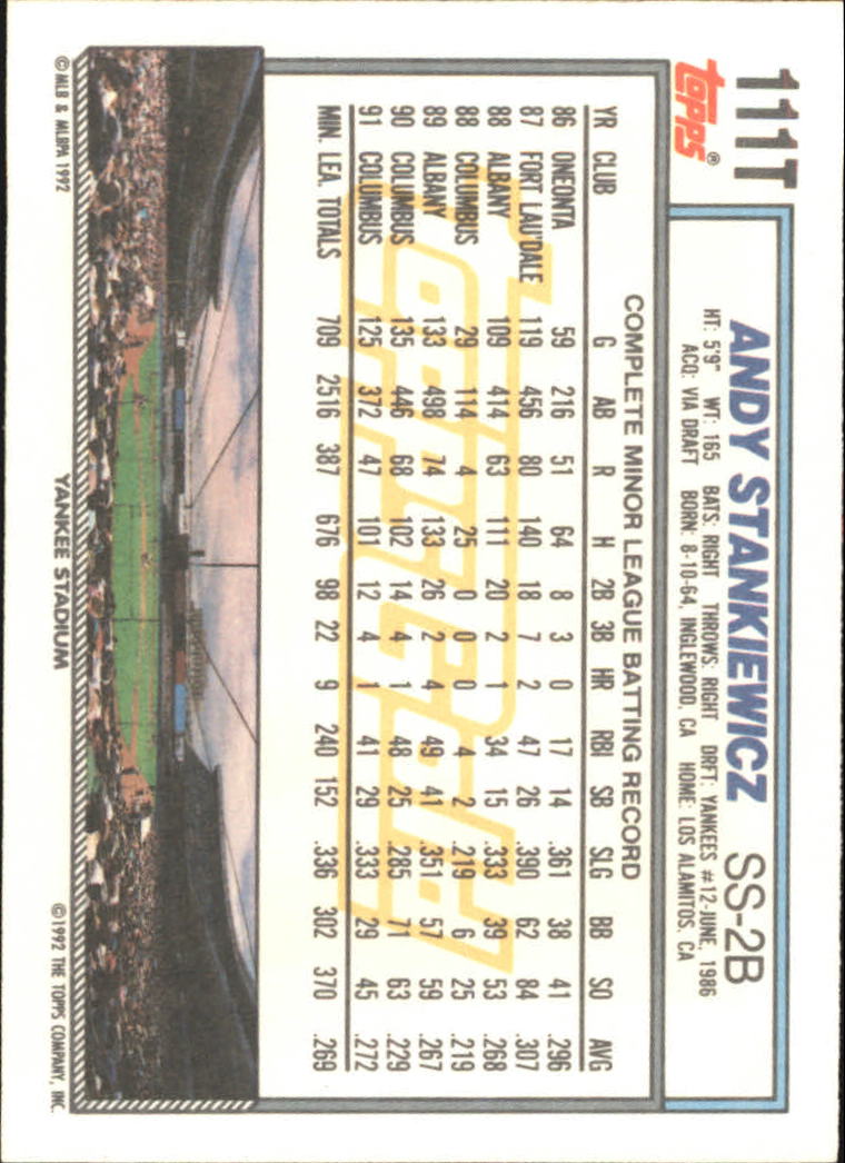 1992 Topps Traded Gold #111T Andy Stankiewicz back image