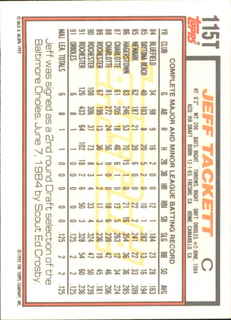 1992 Topps Traded Gold #115T Jeff Tackett back image