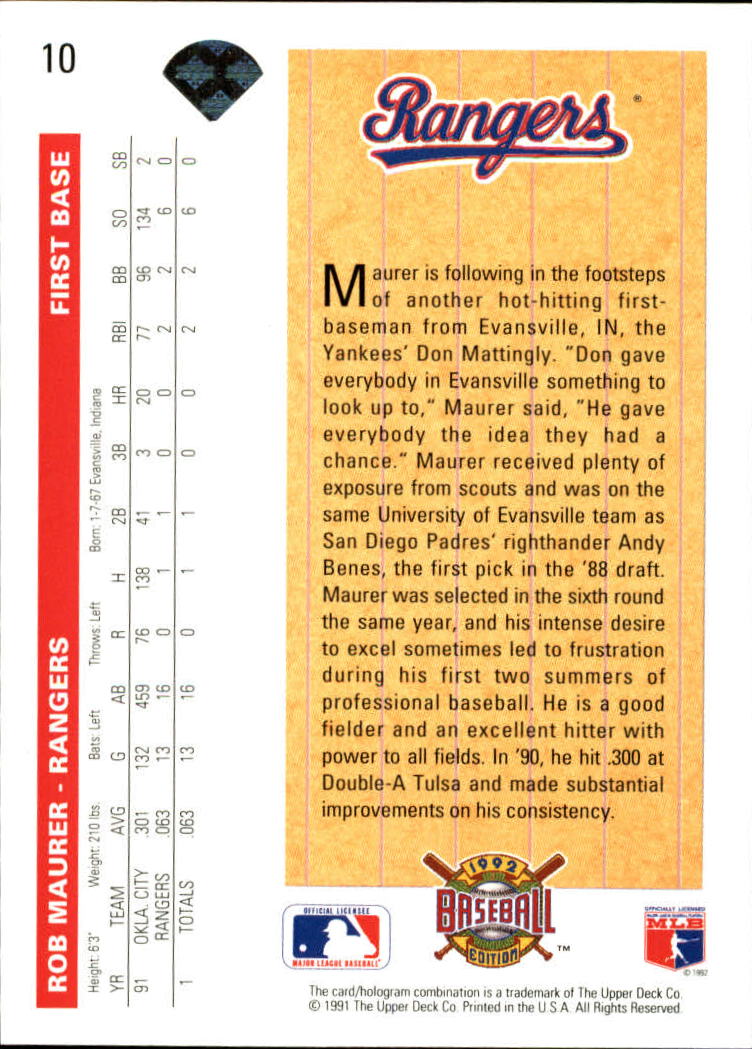 1992 Upper Deck #10 Rob Maurer SR RC back image
