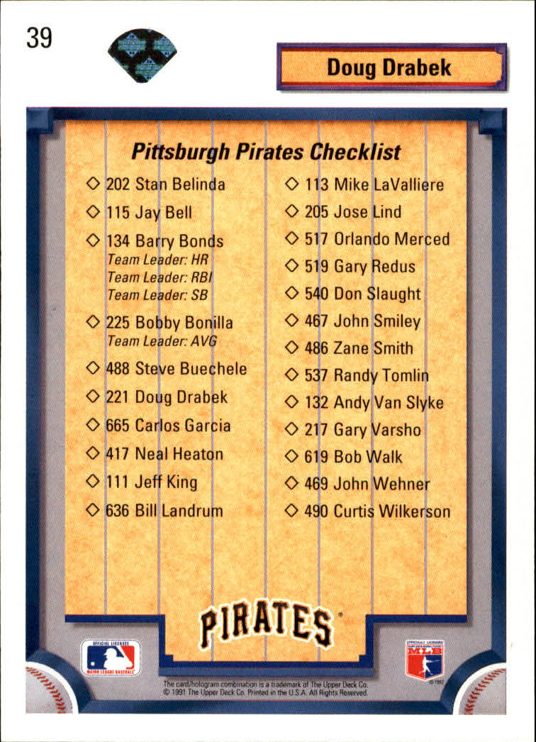 1992 Upper Deck #39 Doug Drabek TC/Pittsburgh Pirates back image