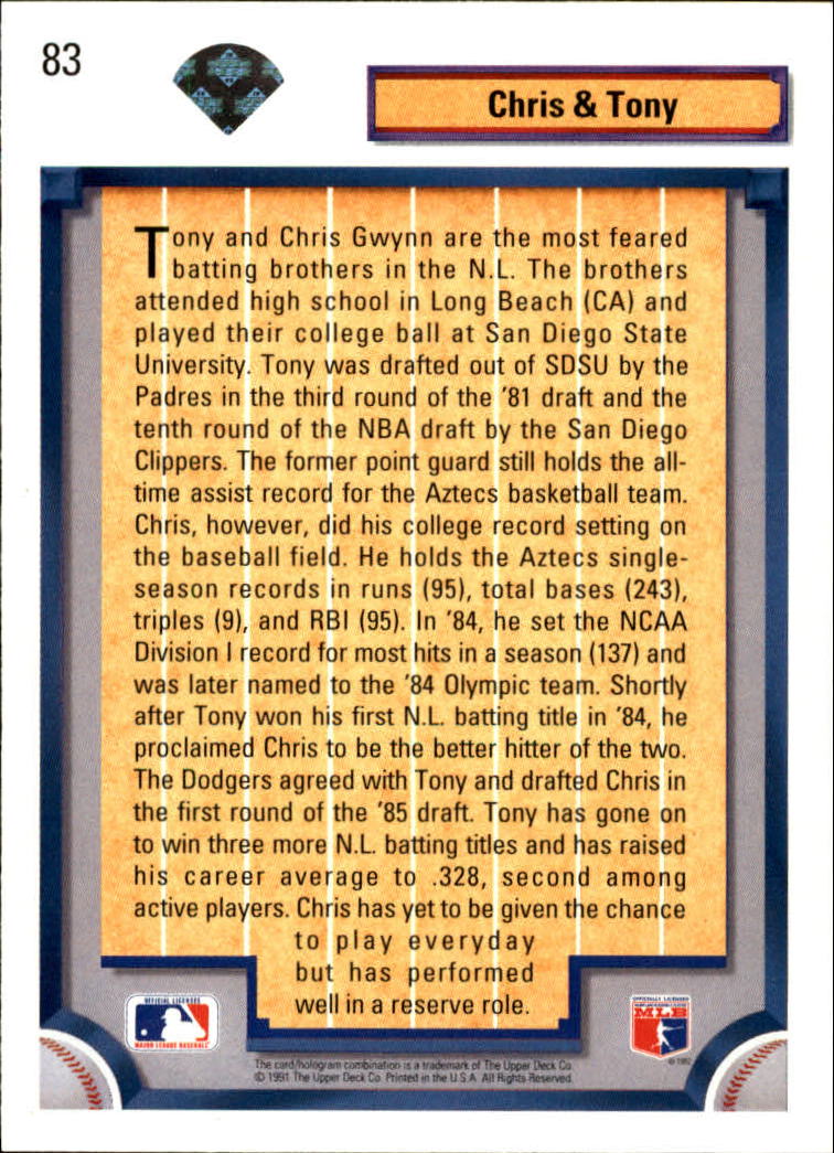 1992 Upper Deck #83 Tony/Chris Gwynn back image