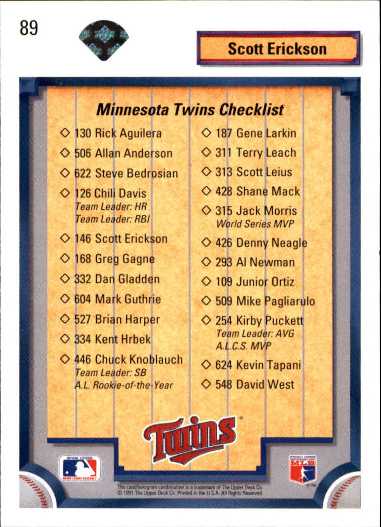 1992 Upper Deck #89 Scott Erickson TC/Minnesota Twins back image
