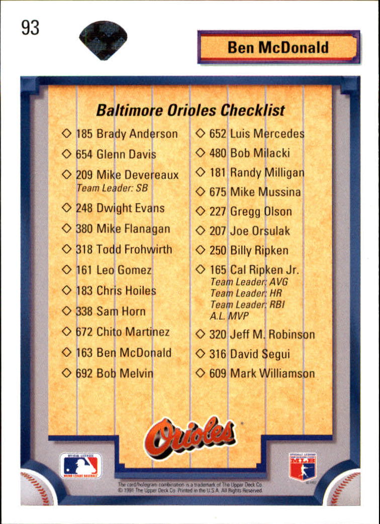 1992 Upper Deck #93 Ben McDonald TC/Baltimore Orioles back image