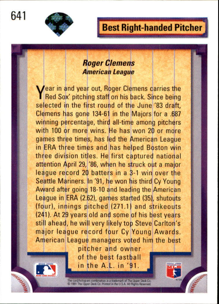 1992 Upper Deck #641 Roger Clemens DS back image