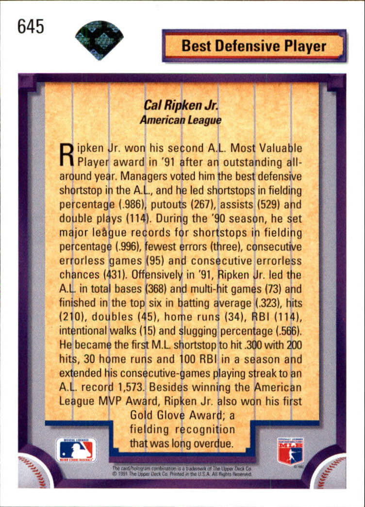 1992 Upper Deck #645 Cal Ripken DS back image