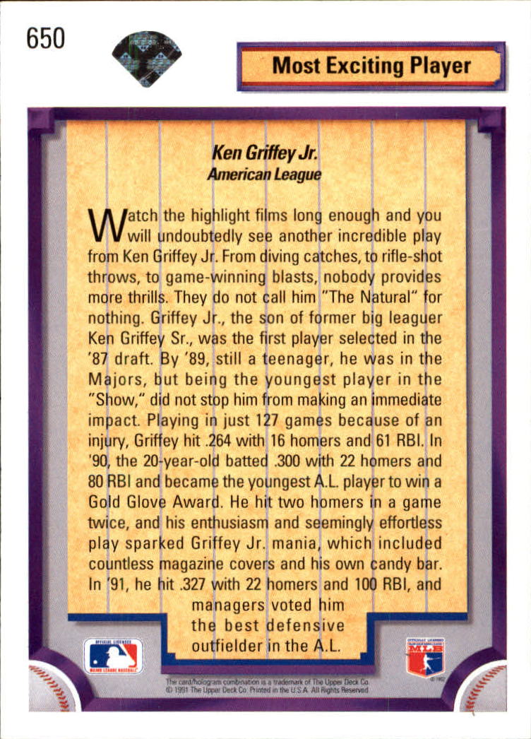 1992 Upper Deck #650 Ken Griffey Jr. DS back image