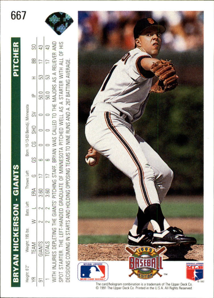 1992 Upper Deck #667 Bryan Hickerson RC back image