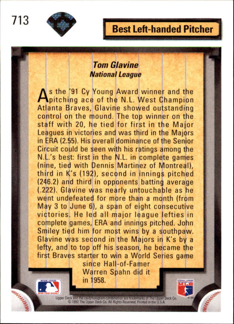 1992 Upper Deck #713 Tom Glavine DS back image