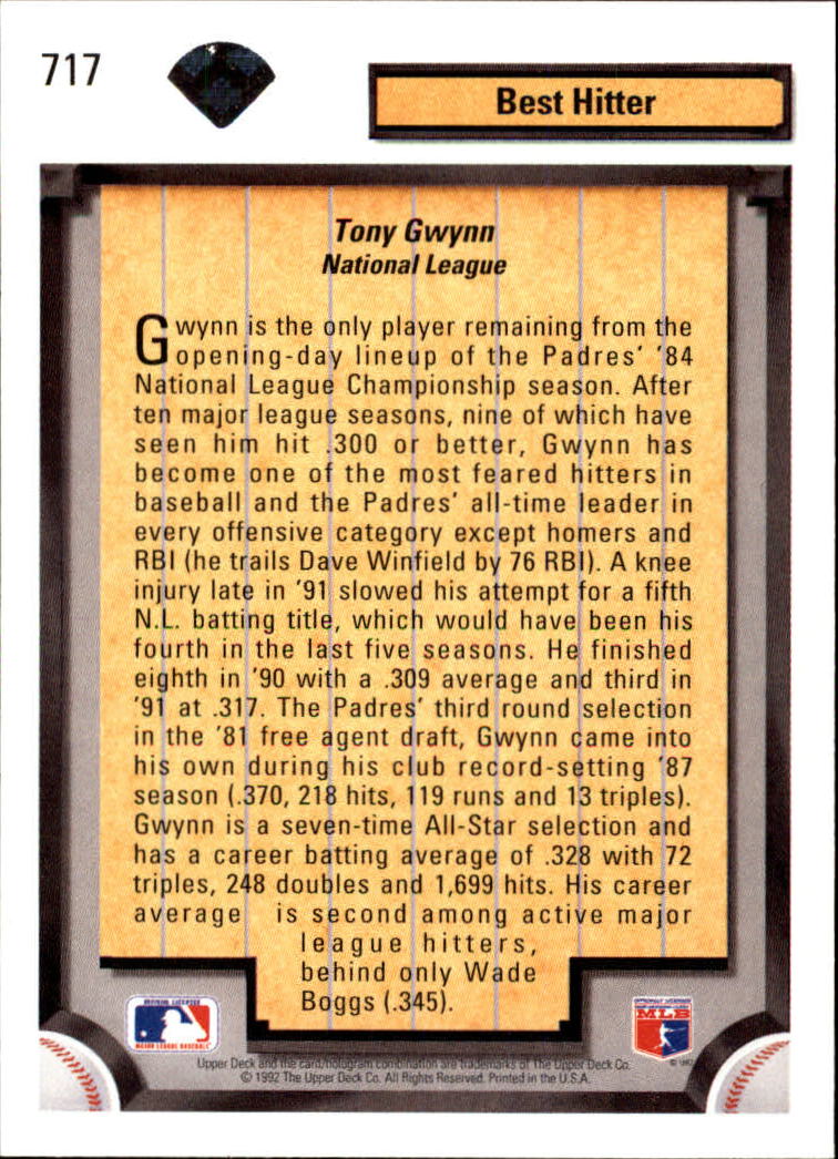 1992 Upper Deck #717 Tony Gwynn DS back image