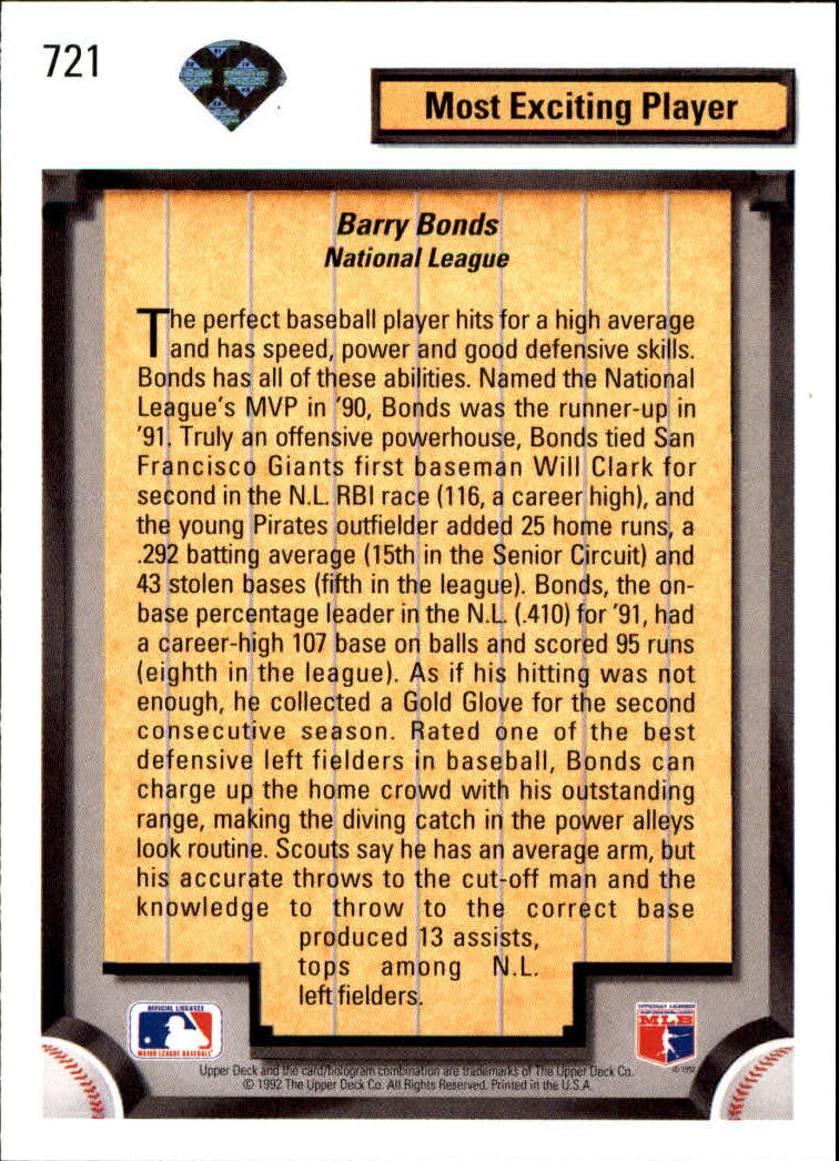 1992 Upper Deck #721 Barry Bonds DS back image