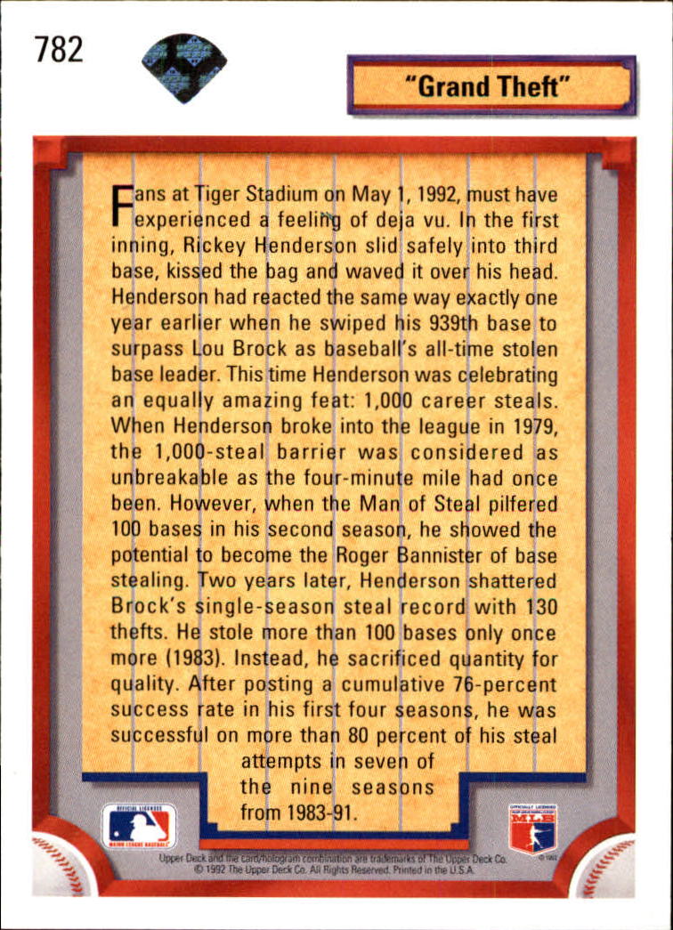 1992 Upper Deck #782 Rickey Henderson 1000 back image