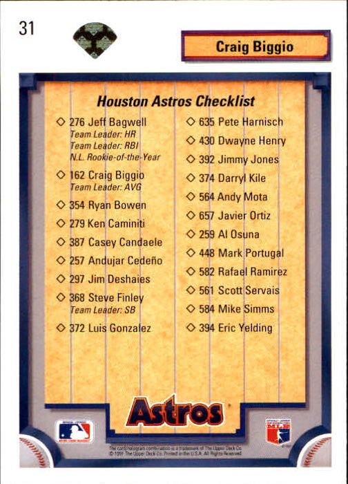 1992 Upper Deck Gold Hologram #31 Craig Biggio TC/Houston Astros back image