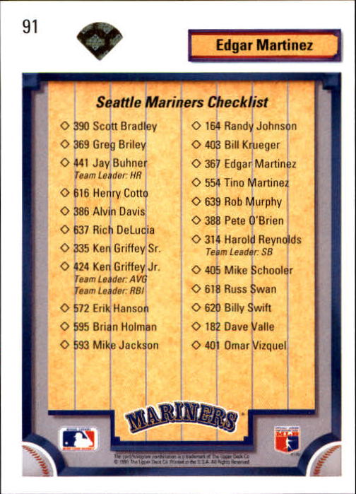 1992 Upper Deck Gold Hologram #91 Edgar Martinez TC/Seattle Mariners back image