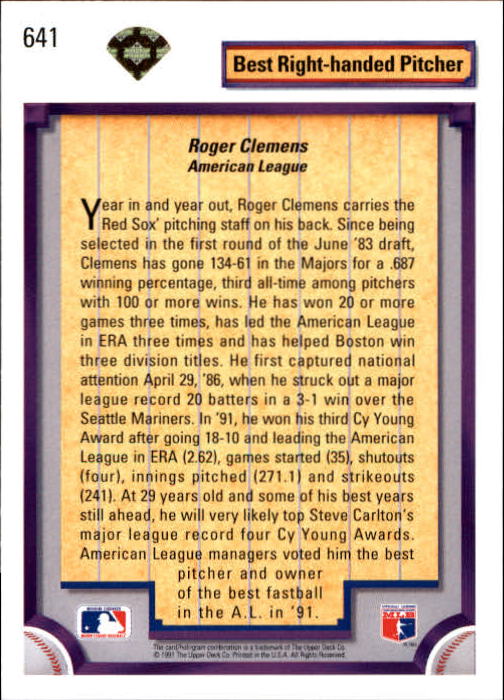 1992 Upper Deck Gold Hologram #641 Roger Clemens DS back image