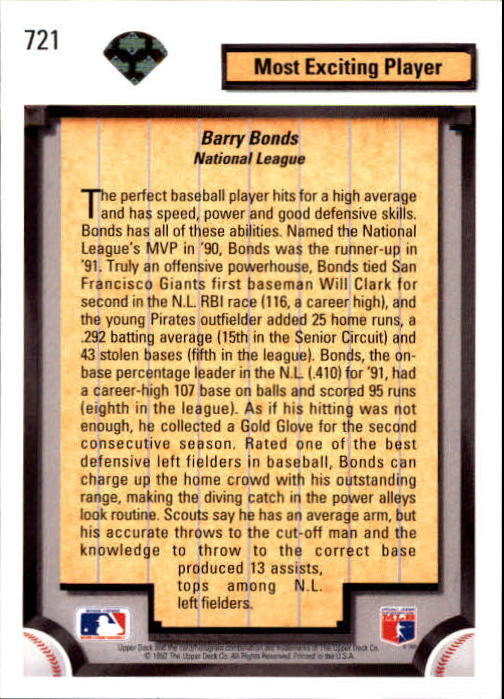 1992 Upper Deck Gold Hologram #721 Barry Bonds DS back image