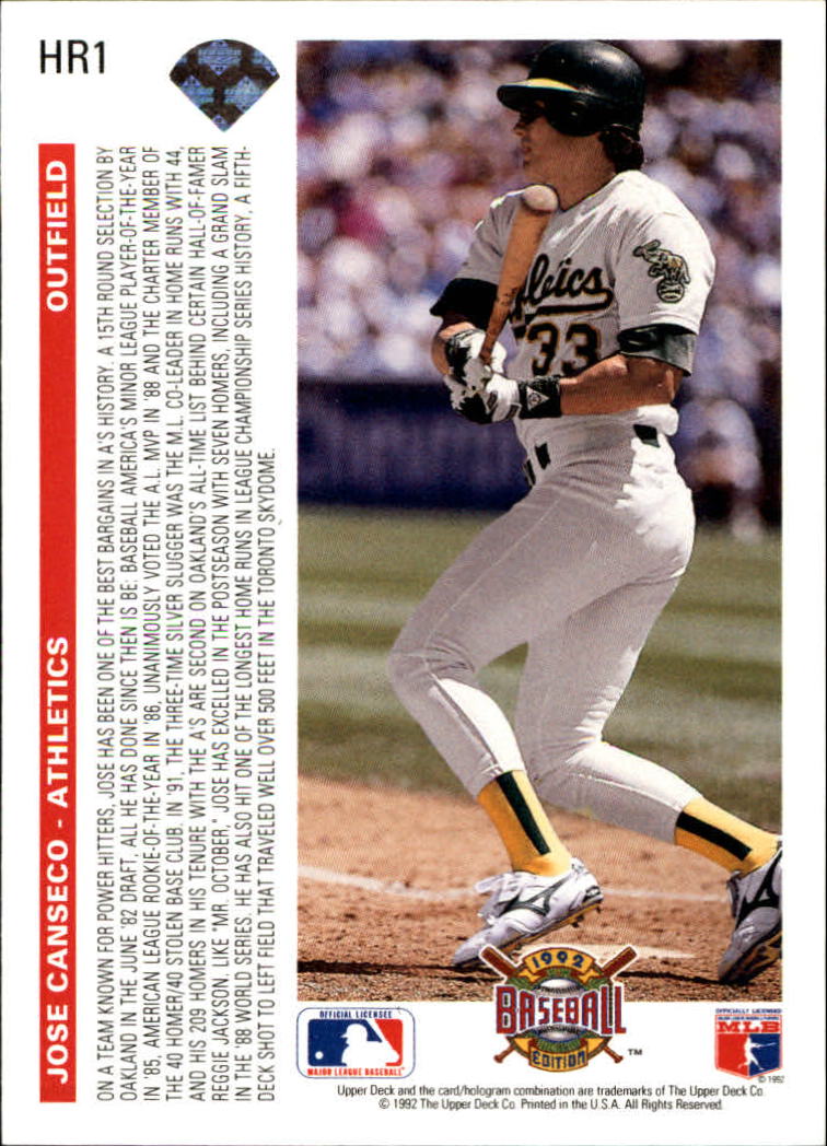 1992 Upper Deck Home Run Heroes #HR1 Jose Canseco back image