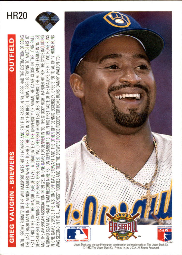 1992 Upper Deck Home Run Heroes #HR20 Greg Vaughn back image