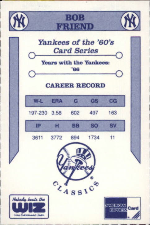 1992 Yankees WIZ 60s #43 Bob Friend back image