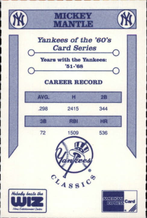 1992 Yankees WIZ 60s #78 Mickey Mantle back image
