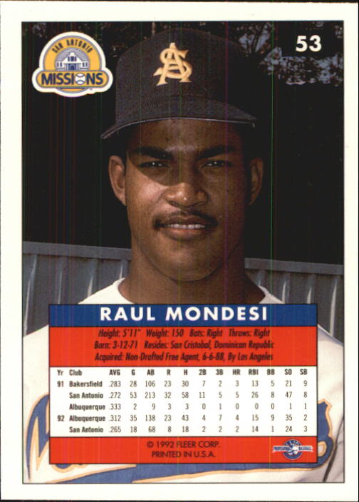 1992-93 Excel #53 Raul Mondesi back image