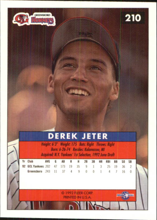 1992-93 Excel #210 Derek Jeter back image
