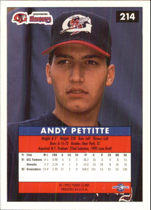 1992-93 Excel #214 Andy Pettitte back image