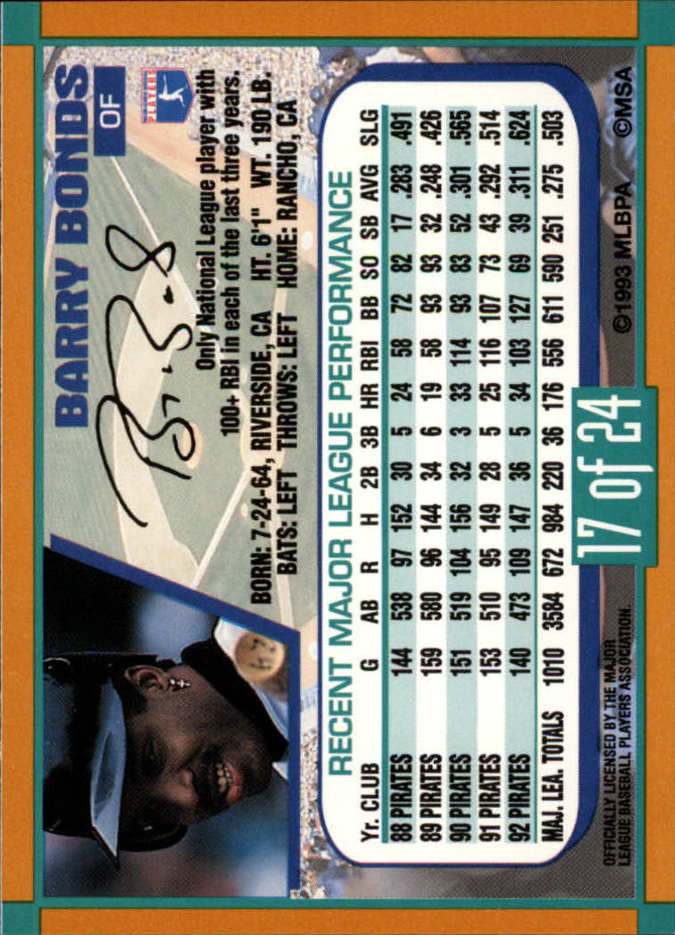 1993 Duracell Power Players I #17 Barry Bonds back image
