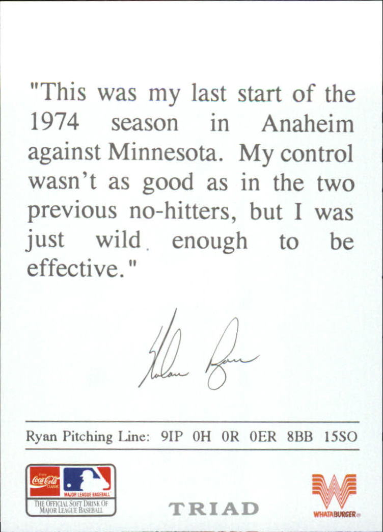 1993 Ryan Whataburger #4 Nolan Ryan/3rd No-hitter back image