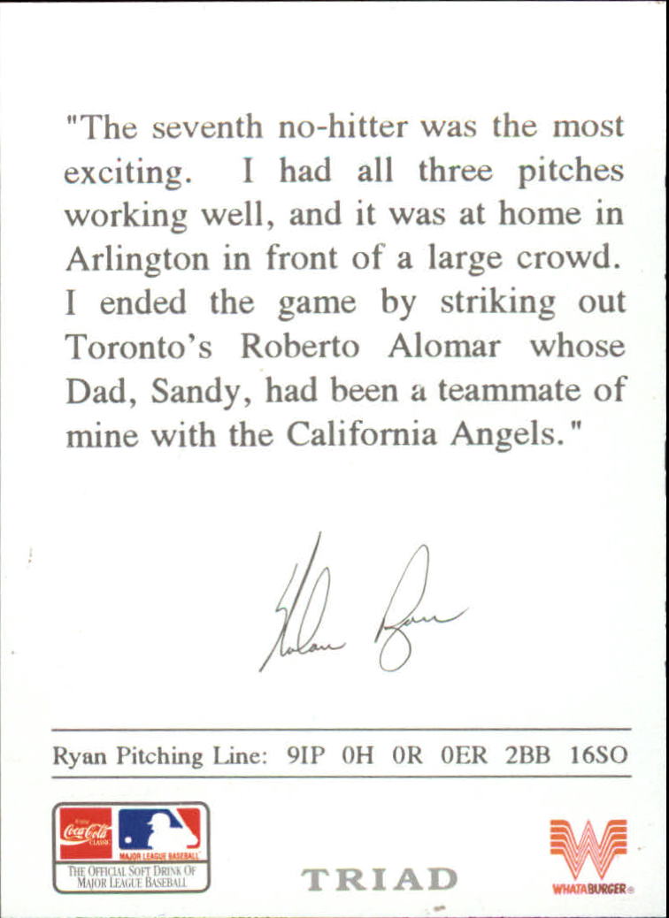 1993 Ryan Whataburger #8 Nolan Ryan/7th No-hitter back image