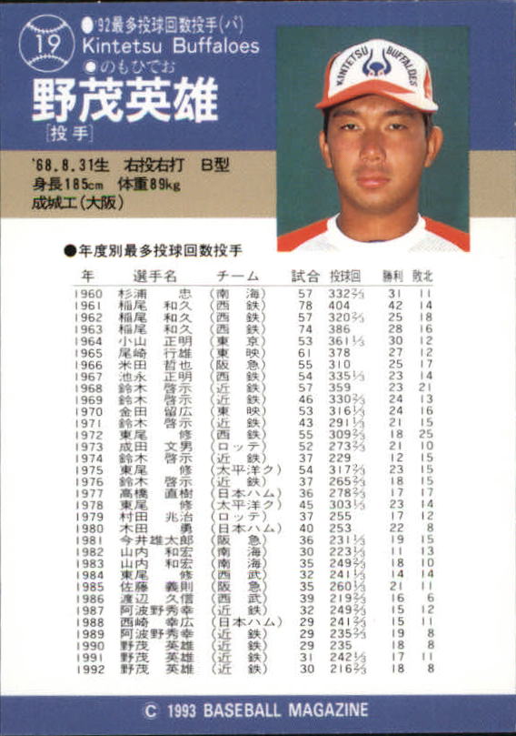1993 BBM Japan #19 Hideo Nomo back image