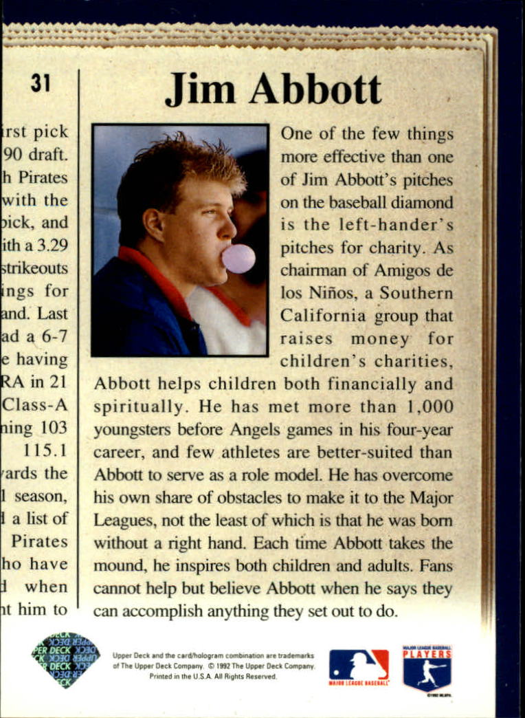 1993 Upper Deck #31 Jim Abbott CH back image