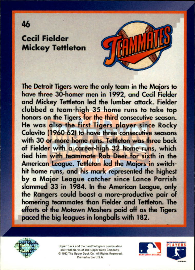 1993 Upper Deck #46 C.Fielder/M.Tettleton back image